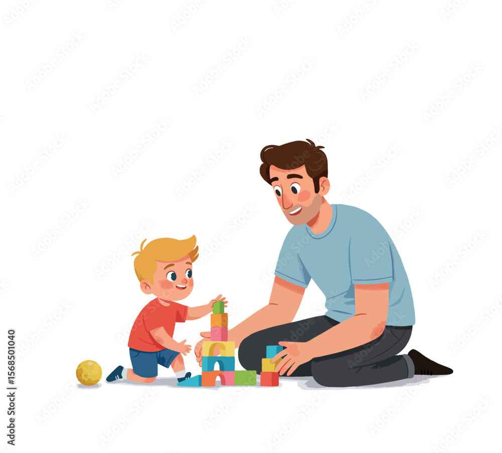 Cartoon father helping his son build with colorful blocks – early childhood education and quality time. Cartoon father helping his son build with colorful blocks – early childhood education and quality time.