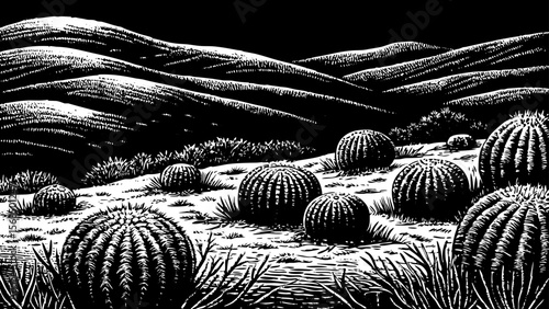 A hilly desert landscape featuring barrel cacti in clusters among sand dunes and sparse vegetation a black and white line art illustration.