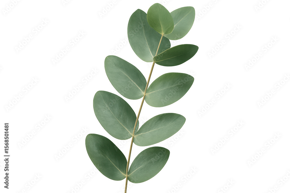 Fototapeta premium Eucalyptus branch close-up, displaying glossy green leaves with smooth oval shape against transparent backdrop