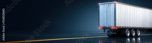 Wallpaper Mural A modern truck trailer is parked on a darkened surface, displaying its shiny wheels and rear lights, perfect for logistics, transportation, or industrial-themed projects, Torontodigital.ca