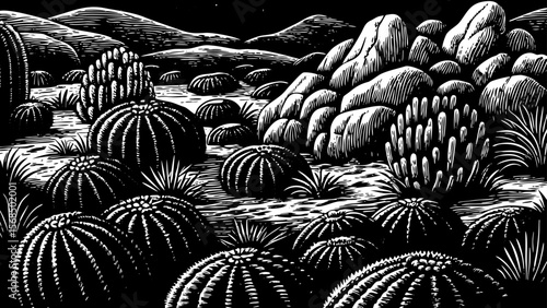 A hilly desert landscape featuring barrel cacti in clusters among sand dunes and sparse vegetation a black and white line art illustration.