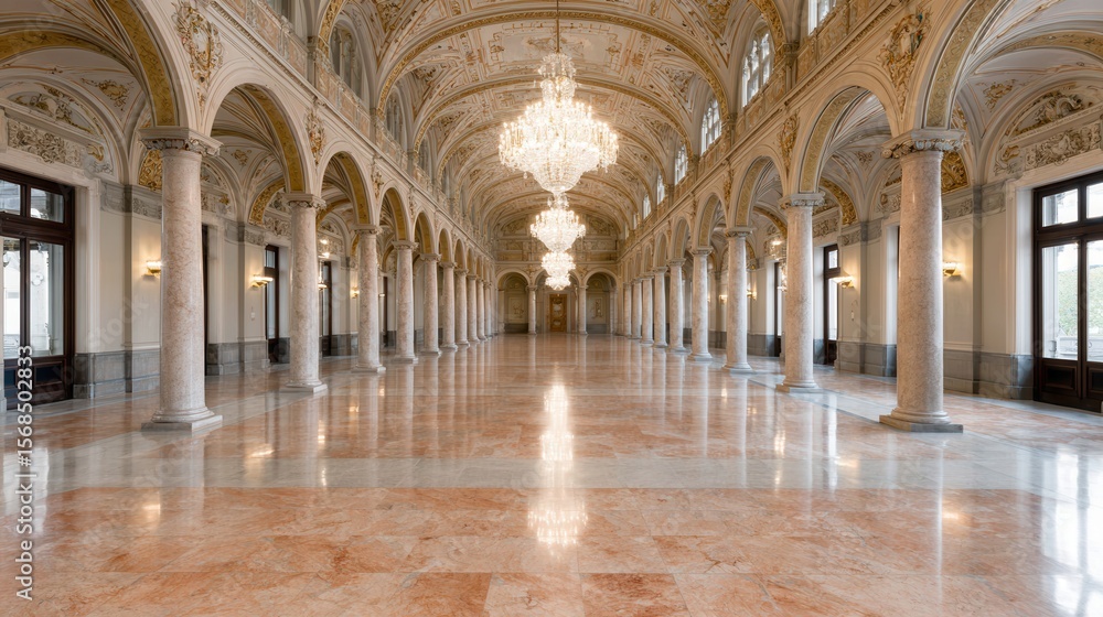 A grand, luxurious hallway featuring elegant chandeliers and ornate arches, suitable for event invitations, interior design projects, or as a backdrop for formal occasions, A grand, luxurious hallway featuring elegant chandeliers and ornate arches, suitable for event invitations, interior design projects, or as a backdrop for formal occasions,
