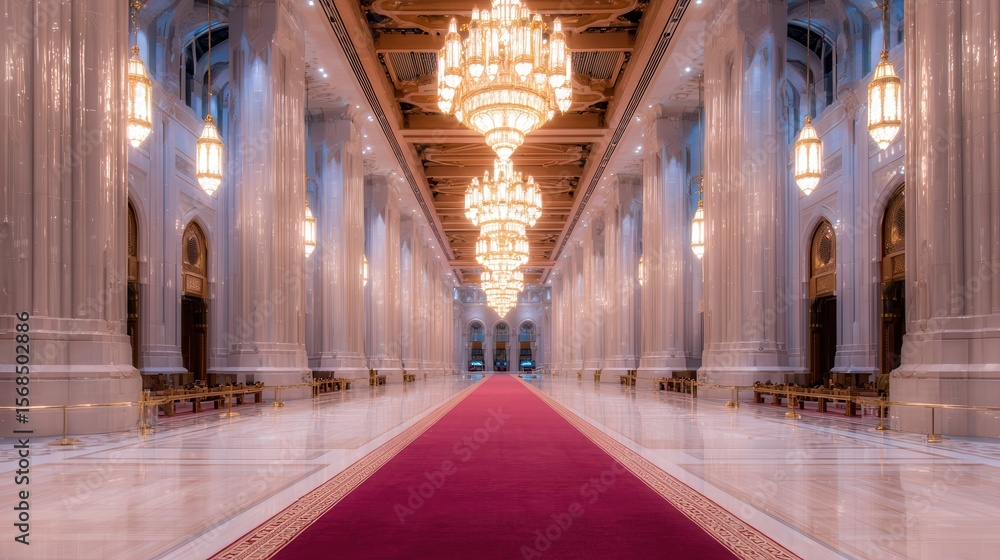 Obraz premium An elegant hallway featuring majestic columns, ornate chandeliers, and a plush red carpet, This sophisticated scene is ideal for event planning, luxury branding, or architectural designs,