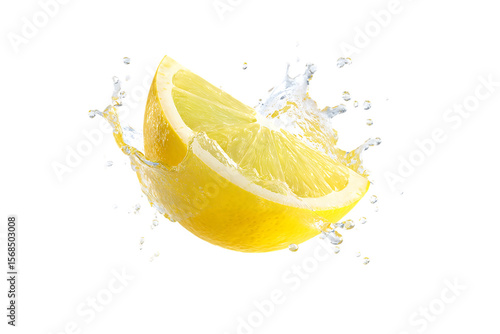 A bright yellow lemon wedge splashes into clear water creating dynamic liquid droplets and splashes against a transparent background
