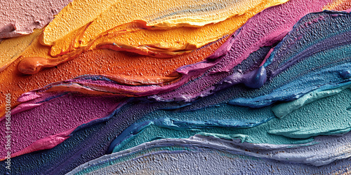 Zaburzone pasma grubych pociągnięć farby w odcieniach pomarańczu, fioletu, turkusu i szarości. Tekstura i gradient kolorów są wizualnie intrygujące. © Silent26