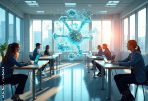Modern Office Scene with Employees Working on Laptops and a Floating Virus Model Representing Health Concerns