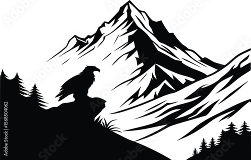 Majestic eagle silhouette perched on a rocky outcrop overlooking snow capped mountains and pine trees