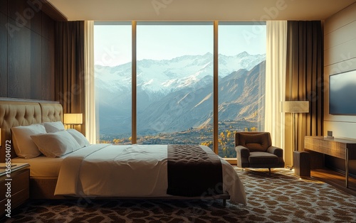 Modern interior design in a luxury apartment living room with a large window and stylish furniture
