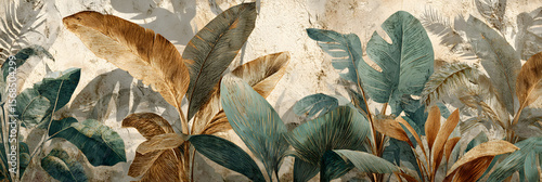 The retro mural photo wallpaper features a tropical forest with graceful leaves in a vintage background graphic painting art card poster print interior