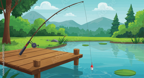 Fishing Rod on a Wooden Pier by a Calm Lake