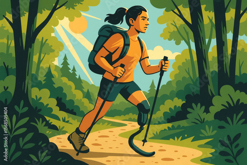 Determined Woman with Prosthetic Leg Hiking Forest Trail with Backpack Vector