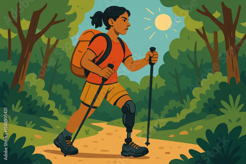 Determined Woman with Prosthetic Leg Hiking Forest Trail with Backpack Vector