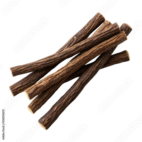 Liquorice roots isolated on transparent background with dry herbal form and textured natural detail
