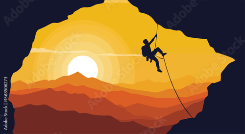 Silhouette of Rock Climber Rappelling at Sunset in Mountain Cave View

