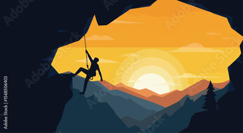 Silhouette of Rock Climber Rappelling at Sunset in Mountain Cave View

