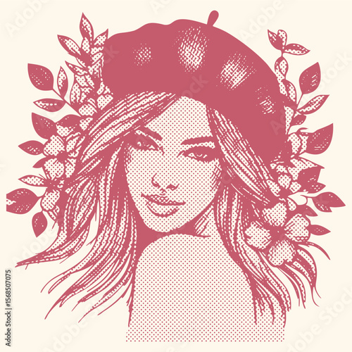 Pink color halftone effect beautiful girl portrait with floral hair and beret, vintage postal stamp style vector illustration, trendy feminine design, artistic vector art for creative projects