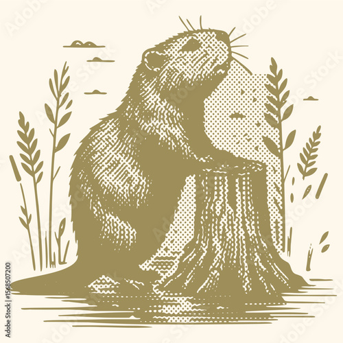 Olive color beaver standing on tree stump on water halftone effect postal stamp vector illustration wildlife nature animal forest rustic outdoor design
