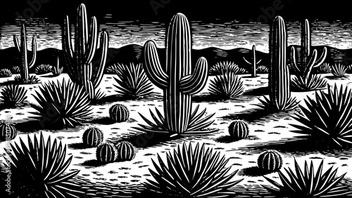 Desert field with multiple types of cacti including saguaro, agave, and prickly pear arranged organically vector a black and white line art illustration