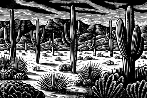 Desert field with multiple types of cacti including saguaro, agave, and prickly pear arranged organically vector a black and white line art illustration