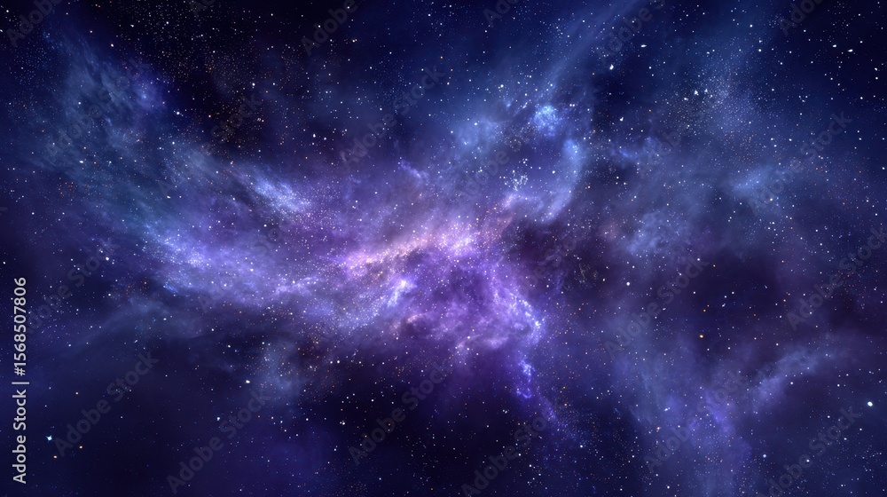 Naklejka premium Cosmic Dreamscape: Vibrant Blue and Purple Nebula with Twinkling Stars in a Majestic Night Sky