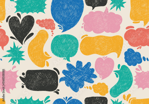 Seamless pattern hand draw text boxes, speech colored bubbles with crayon or chalk texture. Hand drawn callout clouds. Speech bubbles various shapes. Vector retro illustration on a white background.