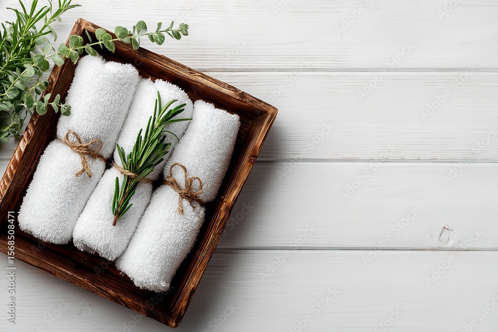 Fototapeta premium Stylish display of rolled white towels with sprigs of rosemary in wooden tray on light wooden surface