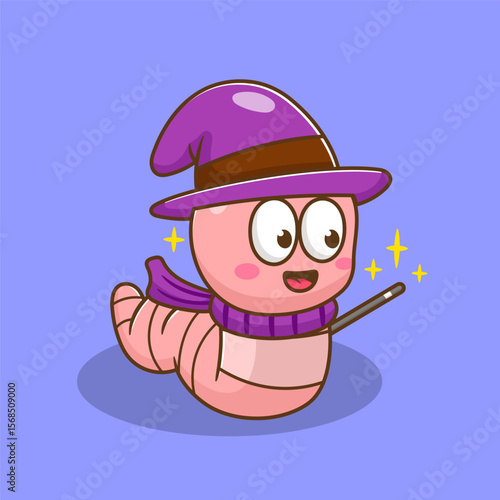 illustration of cute cartoon worm cosplay witch