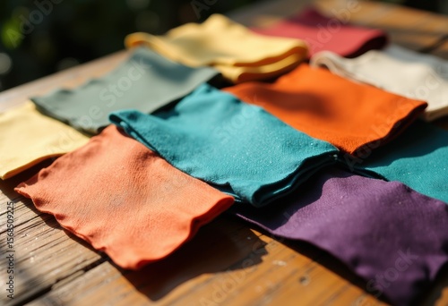 Colorful fabric pieces are neatly folded and arranged on a wooden surface outdoors