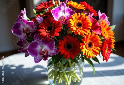 Wallpaper Mural Bright and colorful bouquet of orchids and gerbera daisies in a glass vase on a sunny table Torontodigital.ca