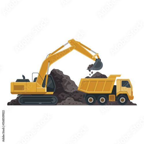 Excavator Loading Dump Truck with Dirt
