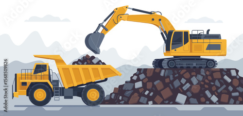 Excavator Loading Dump Truck with Construction Debris