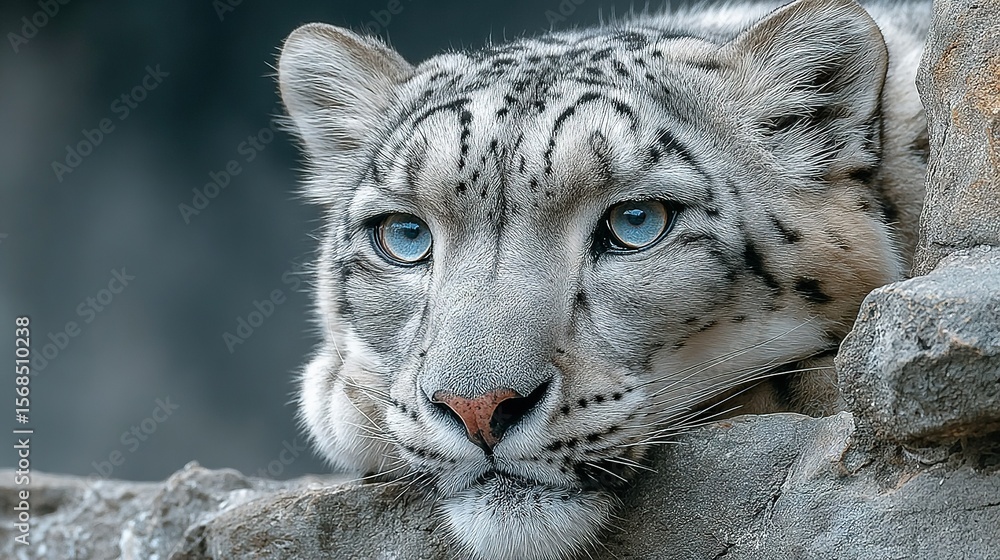 Obraz premium A White Tiger, in Close-up, Lays on a Rock Pile with Blue Eyes