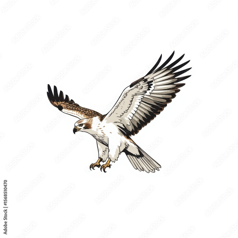 Fototapeta premium Hawk mid-flight with wings spread and talons extended, gliding through the air against a white background.