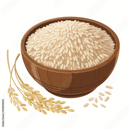 Brown Rice in Wooden Bowl with Rice Ears