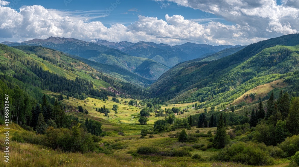Fototapeta premium Breathtaking Colorado Valley: A Panoramic View of Lush Green Mountains Under a Blue Sky with Fluffy Clouds