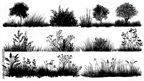 Grass black silhouettes. Bush silhouette, isolated meadow or lawn borders. Forest elements, decorative spring summer nature neoteric vector collection, no logos, no brands