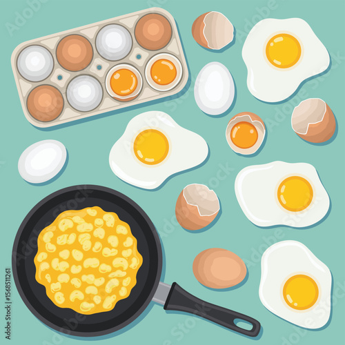 Fried eggs, scrambled eggs, and eggs in carton