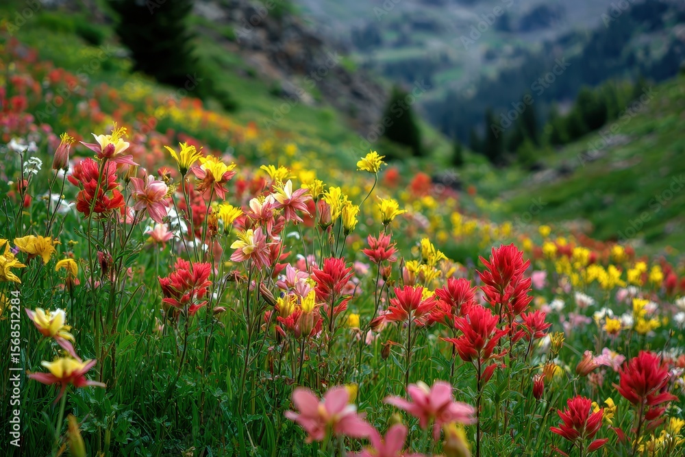 Obraz premium Vibrant Mountain Wildflowers in Full Bloom, Showcasing Columbine and Indian Paintbrush in Picturesque Yankee Boy Basin, Colorado Landscape
