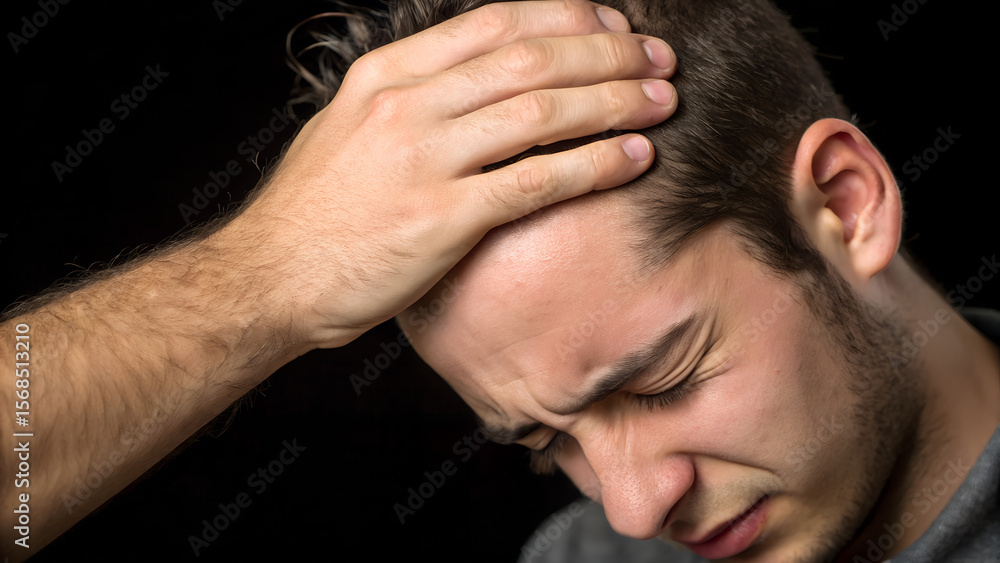Fototapeta premium A young man experiences a severe headache, holding his head in pain