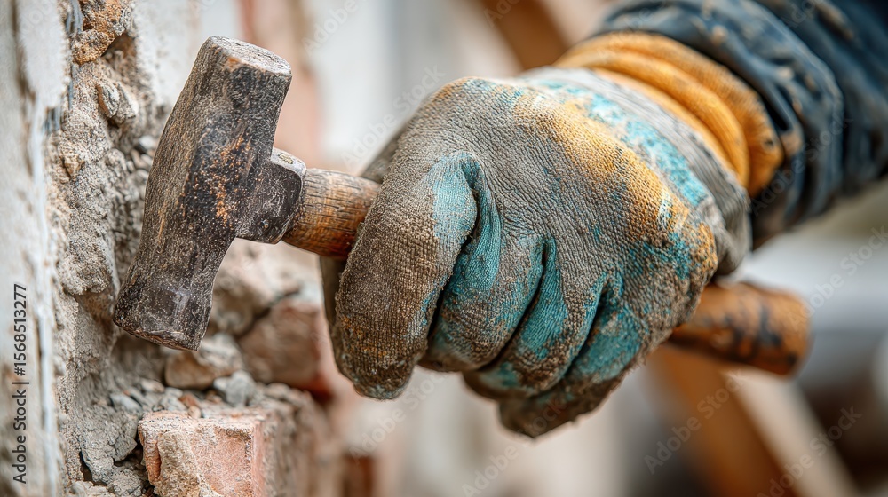 Close-Up of Laborer's Hands in Gloves Using Hammer and Chisel for Wall Renovation, Surrounded by Rubble on a Construction Site Close-Up of Laborer's Hands in Gloves Using Hammer and Chisel for Wall Renovation, Surrounded by Rubble on a Construction Site