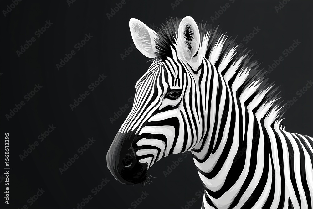 Fototapeta premium Striking portrait of a zebra captured against a dark background showcasing its unique black and white stripes