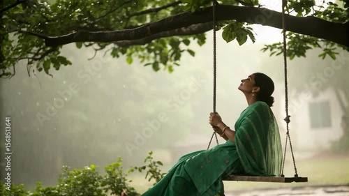 Woman in Green Saree on Swing Celebrating Teej Festival