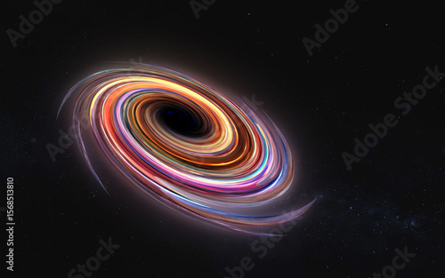 Fototapeta Naklejka Na Ścianę i Meble -  A vibrant black hole swirls at the center of the image, surrounded by a glowing, multicolored accretion disk. Elements of vertical illustration were furnished by NASA.