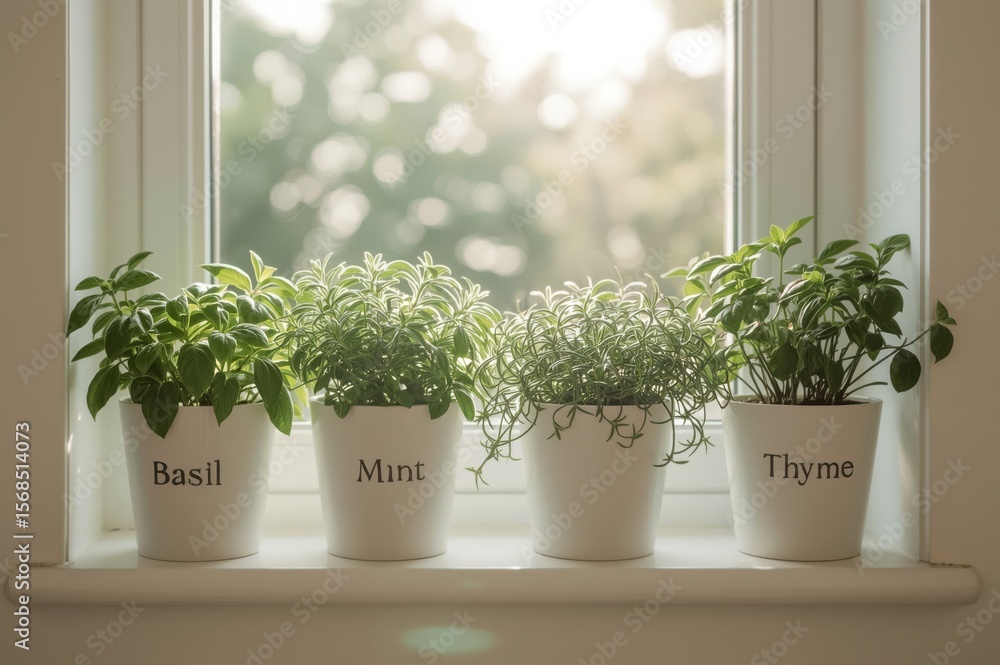 Fototapeta premium Indoor herbs: Basil, Mint, Rosemary, and Thyme growing in white pots on a windowsill bathed in soft light.