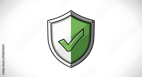 A cartoon shield divided into white and green with a green checkmark on the green side isolated on white