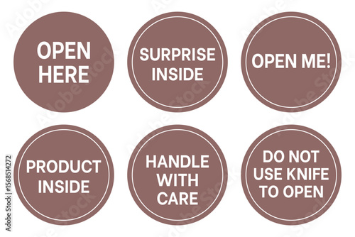 Packaging stickers that inform customers. Includes labels like "Handle with care", "Open me", and "Do not use knife". Perfect for safe shipping, product protection, and interactive unboxing.