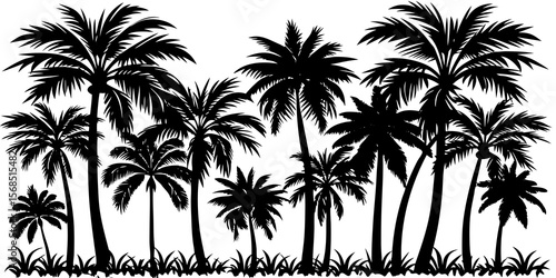 Collection of black palm tree silhouettes with lush green grass isolated on white background