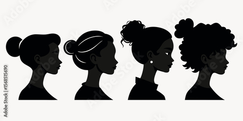 Diverse black women silhouettes showcasing different hairstyles and styles isolated on white background