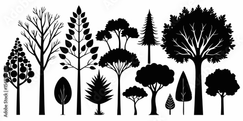 Collection of diverse black tree silhouettes in various shapes and sizes isolated on white background