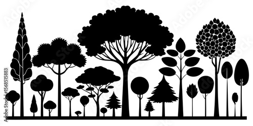 Diverse collection of stylized tree silhouettes in black against a white background isolated on white background